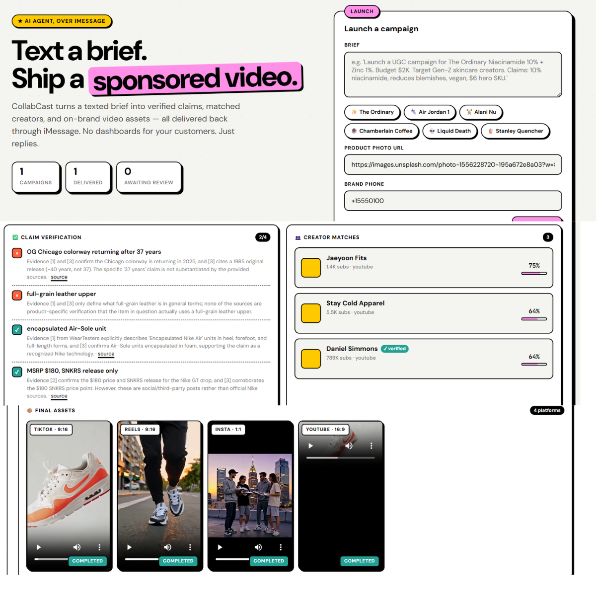 Won MultiModel Hackathon: CollabCast - AI UGC Video Generator via iMessage